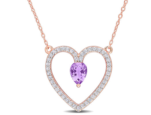 1.13 Carat (ctw) Amethyst and White Topaz Heart Pendant Necklace in Rose Plated Sterling Silver with Chain