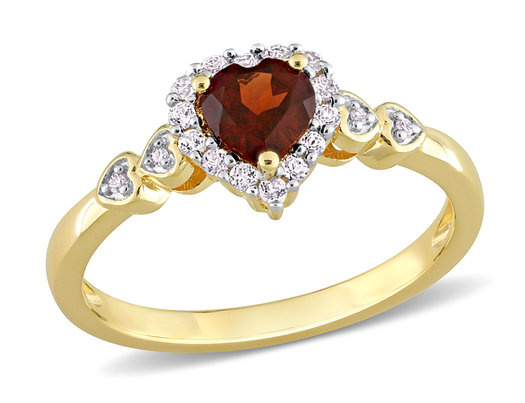 1/2 Carat (ctw) Garnet Heart Ring in Yellow Plated Silver with White Topaz