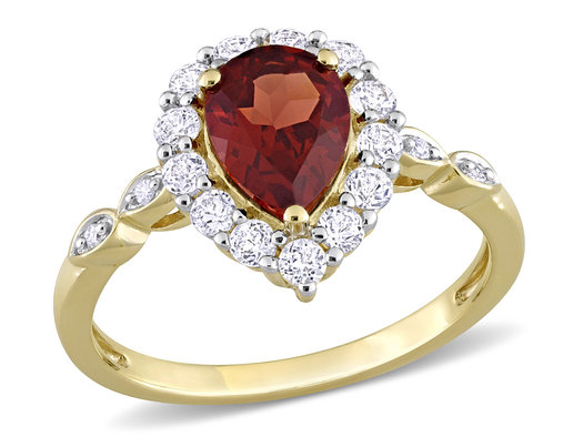 1.30 Carat (ctw) Pear Garnet Halo Ring in 10K Yellow Gold with White Topaz