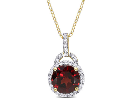 3.00 Carat (ctw) Garnet Halo Pendant Necklace in Yellow Plated Sterling Silver with Chain