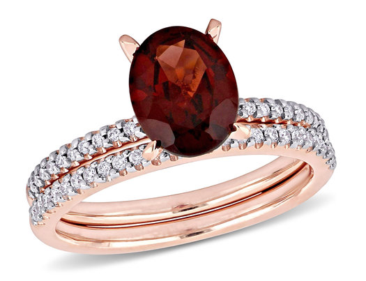2.10 Carat (ctw) Garnet Engagement Wedding Ring Set in 14K Rose Gold with Diamonds