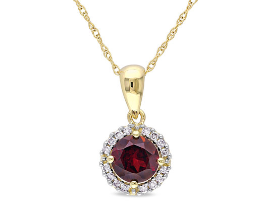 1.00 Carat (ctw) Garnet Pendant Necklace in 10K Yellow Gold with Chain and Diamonds