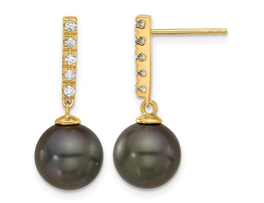 14K Yellow Gold Black Saltwater Tahitian Dangle Pearl Earrings (9-10mm) with Diamonds