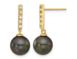 14K Yellow Gold Black Saltwater Tahitian Dangle Pearl Earrings (9-10mm) with Diamonds