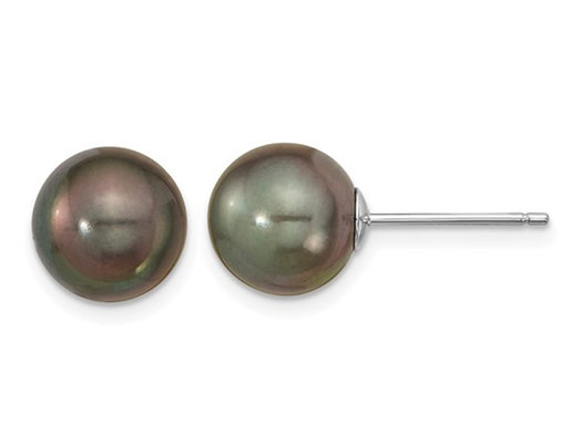 14K White Gold Saltwater Cultured Black Tahitian Pearl 9-10mm Solitaire Stud Earrings