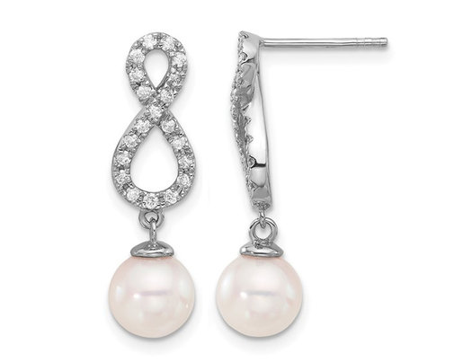 14K White Gold White Akoya Pearl Infinity Earrings (7-8mm) with Diamonds 2/5 Carat (ctw)