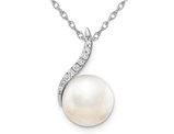 14K White Gold Freshwater Cultured Pearl (9-10mm) Pendant Necklace with Chain and Accent Diamonds