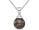 8-9mm Black Tahitian Solitaire Pearl Pendant Necklace in 14K White Gold with Chain