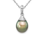 9-10mm Black Tahitian Saltwater Pearl Pendant Necklace in 14K White Gold with Chain