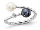 14K White Gold Black and White saltwater Akoya Pearl Ring (SIZE 7)