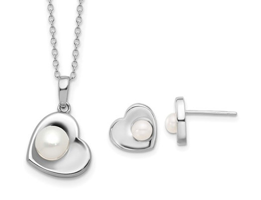 Sterling Silver Freshwater Cultured Heart Pearl Earrings and Pendant Necklace Set