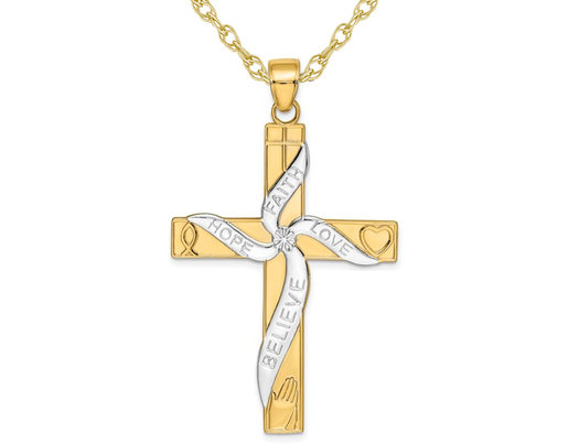 14K Yellow Gold HOPE FAITH LOVE BELIEVE Cross Pendant Necklace with Chain