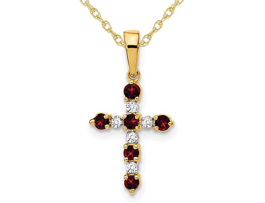 1/4 Carat (ctw) Garnet Cross Pendant Necklace with Accent Diamonds in 14K Yellow Gold with Chain