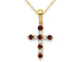1/4 Carat (ctw) Garnet Cross Pendant Necklace with Accent Diamonds in 14K Yellow Gold with Chain