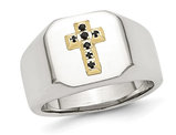Men's Polished Stainless Steel Ring with Blue Sapphire Cross