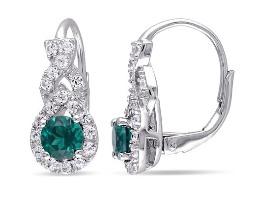1.00 Carat (ctw) Lab-Created Emerald Dangle Earrings in Sterling Silver with White Sapphires