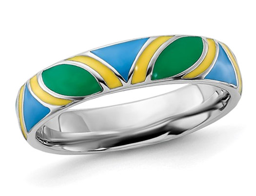 Sterling Silver Polished Multi-Colored Enameled Band Ring