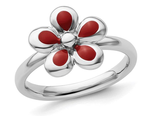 Sterling Silver Flower Ring with Red Enamel