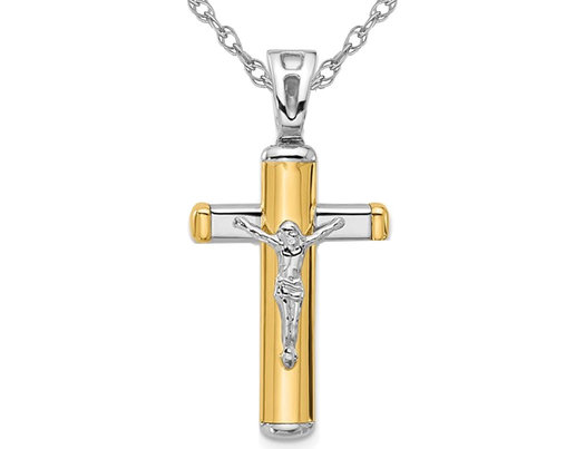 14K Yellow and White Gold Cross Polished Crucifix Pendant Necklace with Chain
