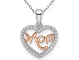 14K White and Pink Gold MOM Heart Pendant Necklace With Chain and Diamonds