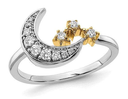 1/5 Carat (ctw) Diamond Moon and Stars Ring in 14K White Gold