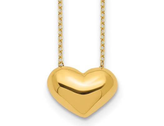 14K Yellow Gold Puffed Heart Charm Necklace Pendant with 18 Inch Chain