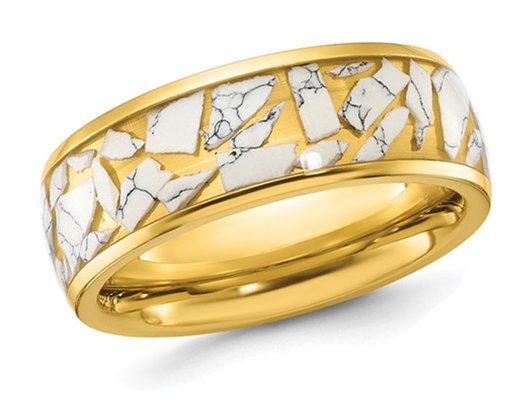 Men's Stainless Steel Yellow Plated Ceramic Fragments Inlay Band Ring (8mm)