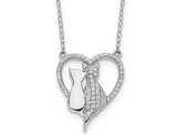 Sterling Silver Two Leaning Cats Heart Pendant Necklace with Cubic Zirconias and Chain