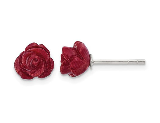 Natural Red Coral Flower Rose Earrings in Sterling Silver