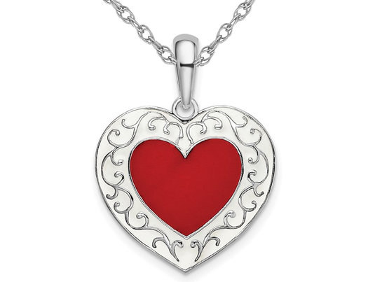 Heart Shaped Red Enamel Pendant Necklace in Sterling Silver with Chain