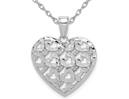 14K White Gold Heart Pattern Pendant Necklace with Chain