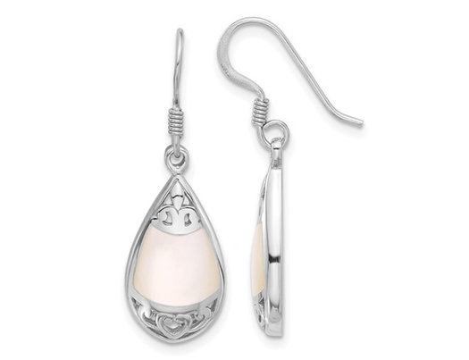 Mother of Pearl Filigree Teardrop Dangle Earrings in Sterling Silver