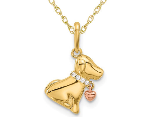 14K Yellow Gold Dog Charm Pendant Necklace with Chain and Cubic Zirconias