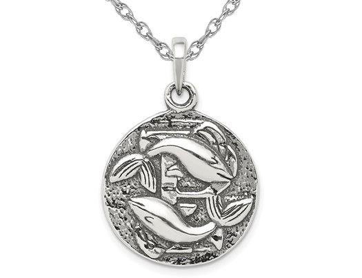Sterling Silver Pisces Charm Astrology Zodiac Pendant Necklace with Antique Finish andChain