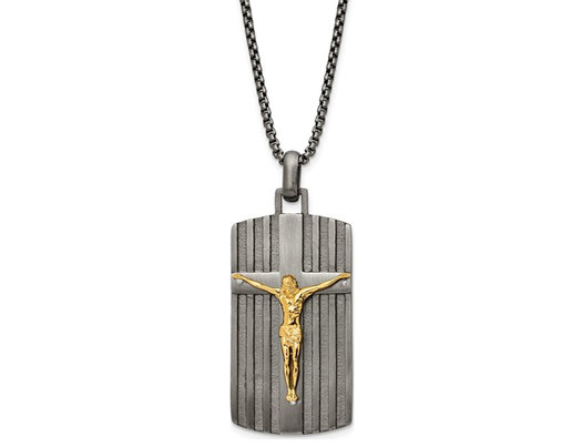Mens Stainless Steel Crucifix Dog tag Pendant Necklace with Chain (24 Inches)