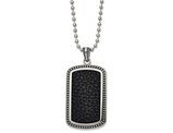 Men's Stainless Steel Black Textured Leather Inlay Dog Tag Pendant Necklace with Chain
