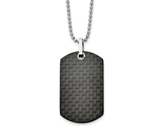 Men's Black Carbon Fiber Dog Tag Pendant Necklace in Stainless Steel with Chain (24 Inches)