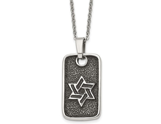 Mens Stainless Steel Antiqued Star of David Dog Tag Pendant Necklace with Chain (24 Inches)