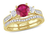 1 1/3 Carat (ctw) Lab-Created Ruby and White Sapphire with Diamond Bridal Wedding Set Engagement Ring 10K White Gold