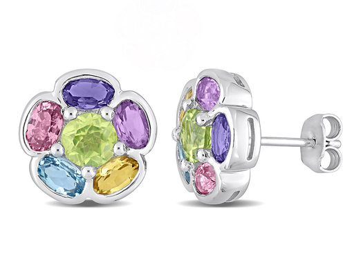 3.70 Carat (ctw) Multi-Gemstone Flower Button Earrings n Sterling Silver