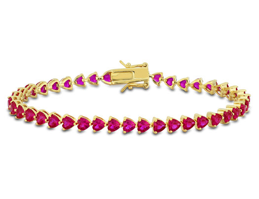 12.30 Carat (ctw) Lab-Created Ruby Heart-Cut Tennis Bracelet in Yellow Sterling Silver (7.5 Inches)