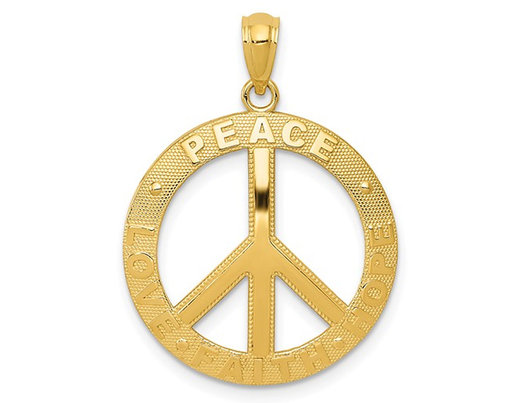 14K Yellow Gold Textured Peace Sign Charm Pendant (No Chain Included)