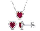 1.67 Carat (ctw) Ruby Heart Earrings and Pendant Set in 14k White Gold with Diamonds 1/3 Carat (ctw)