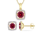 2.19 Carat (ctw) Lab-Created Ruby Halo Earrings and Pendant Set in 10K Yellow Gold with Diamonds