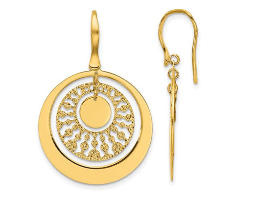14K Yellow Gold Polished and Diamond-cut Circles Dangle Earrings