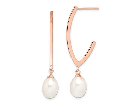 White Freshwater Cultured Rice Pearl Dangle Earrings in Rose Sterling Silver
