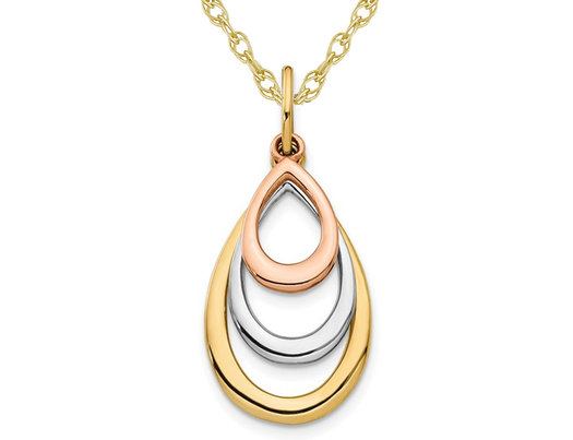 14K Yellow, Rose and White Gold TearDrop Pendant Necklace with Chain
