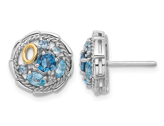 1.29 Carat (ctw) London Blue and Swiss Blue Topaz Button Post Earrings in Sterling Silver