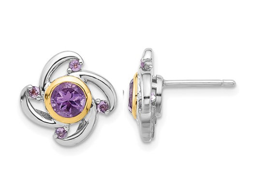 1.17 Carat (ctw) Amethyst and Quartz Button Post Earrings in Sterling Silver