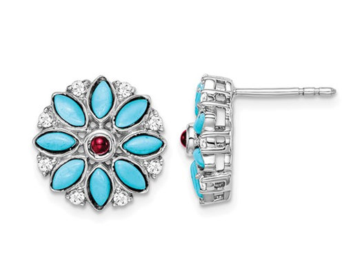 14K White Gold Bezel Set Turquoise Post Earrings with White Topaz